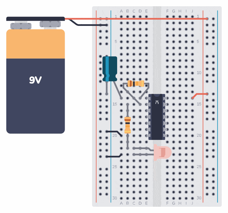 Animation of a blinking led circuit on a breadboard