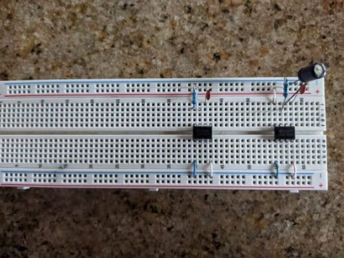 Building the 555 Police Siren circuit on breadboard - step 2