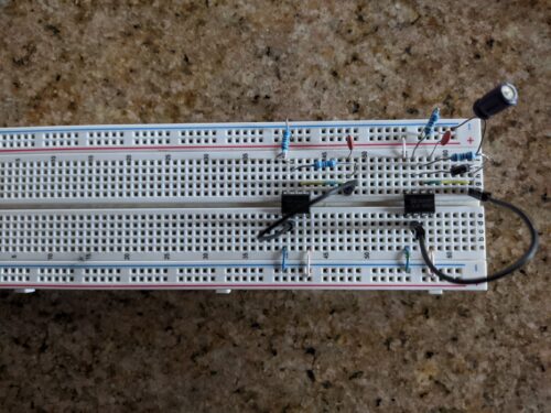 Building the 555 Police Siren circuit on breadboard - step 3