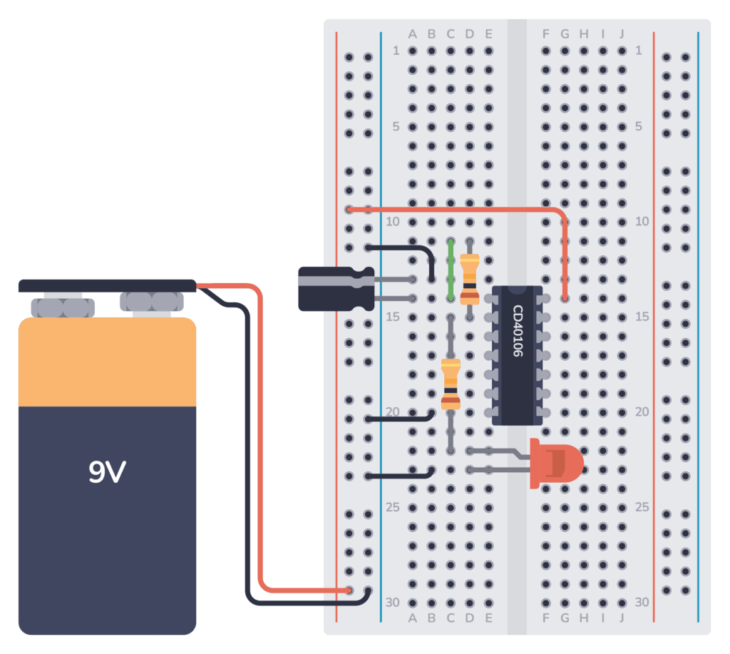 The finished blinking LED circuit on a breadboard