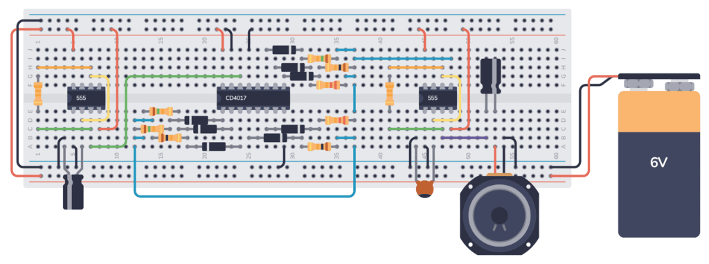 The 555 Timer Music Box project connected on a breadboard