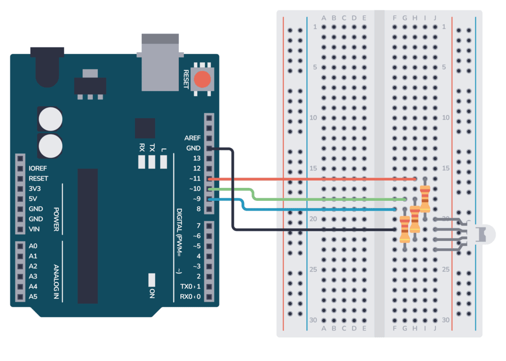Common Cathode RGB LED connected to an Arduino