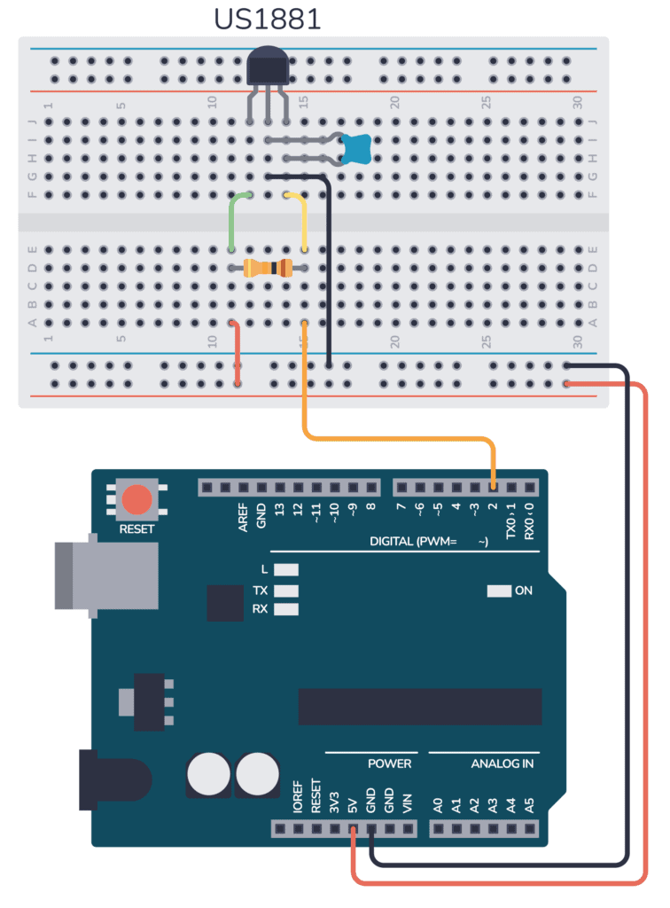 How to connect the Arduino Hall effect sensor circuit on a breadboard