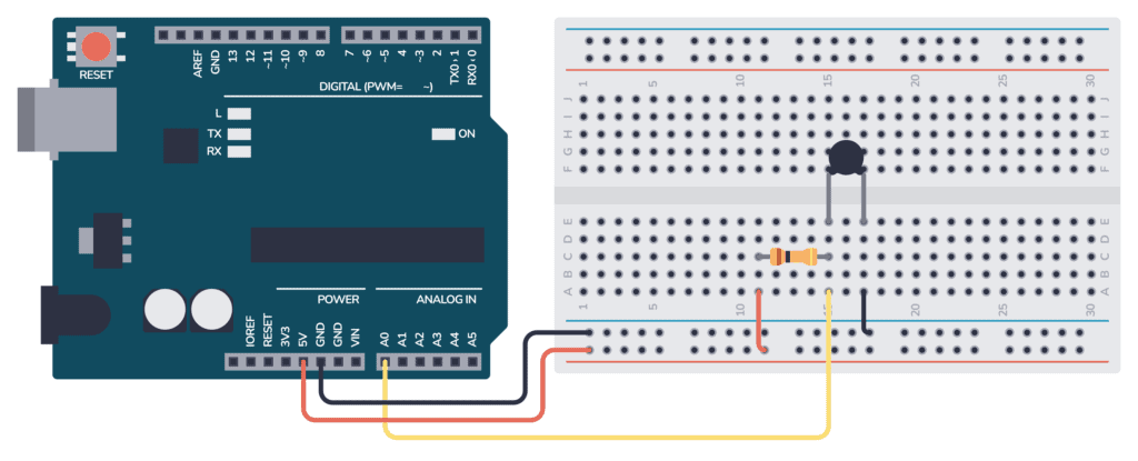 Arduino thermistor circuit connected on  a breadboard