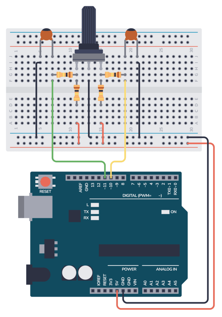 Arduino rotary encoder example circuit on a breadboard