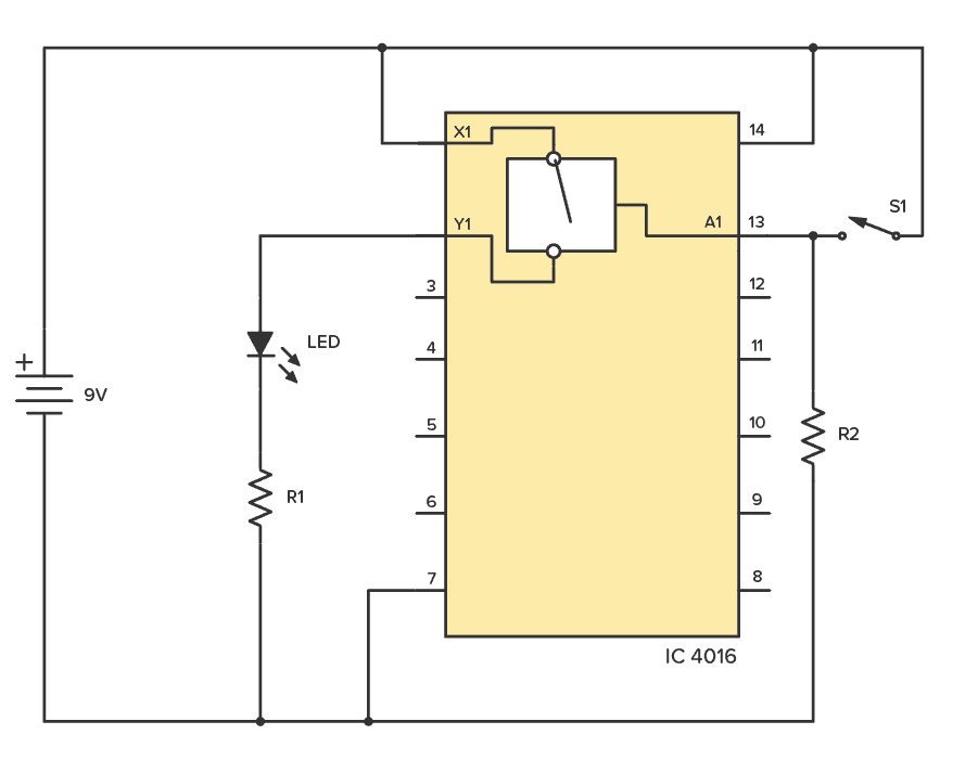 CD4016 example circuit for testing one of the switches