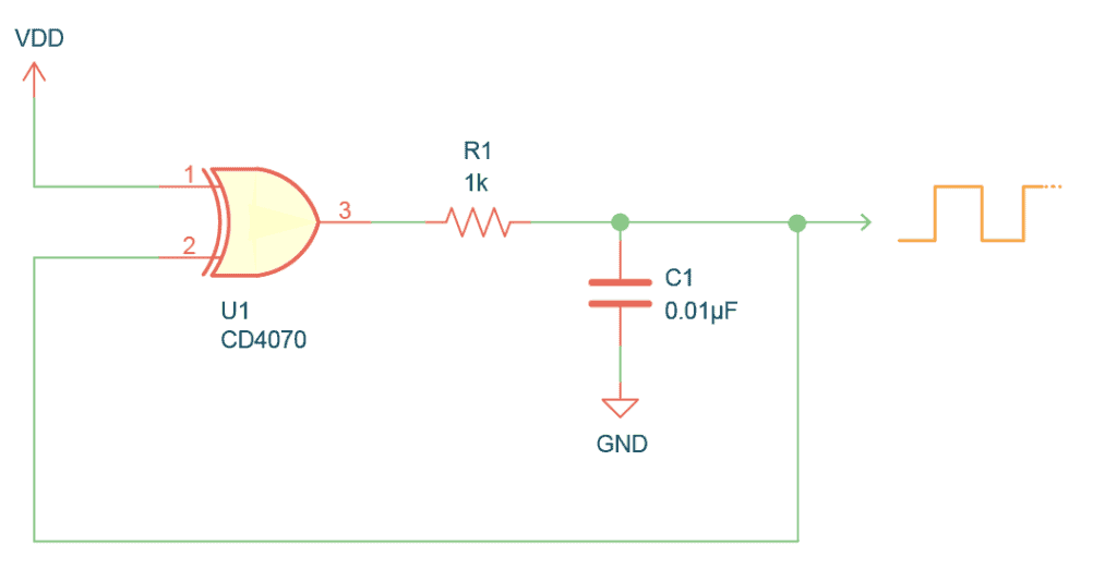 CD4070 Example circuit: 2MHz oscillator