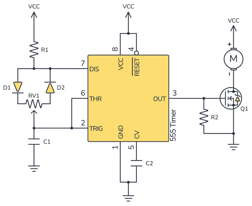 Schematics for a 555 Timer PWM Circuit controlling a motor