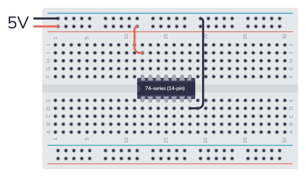 7400 series IC connected to 5V on a breadboard