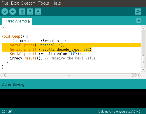Modified arduino code for receiving IR codes