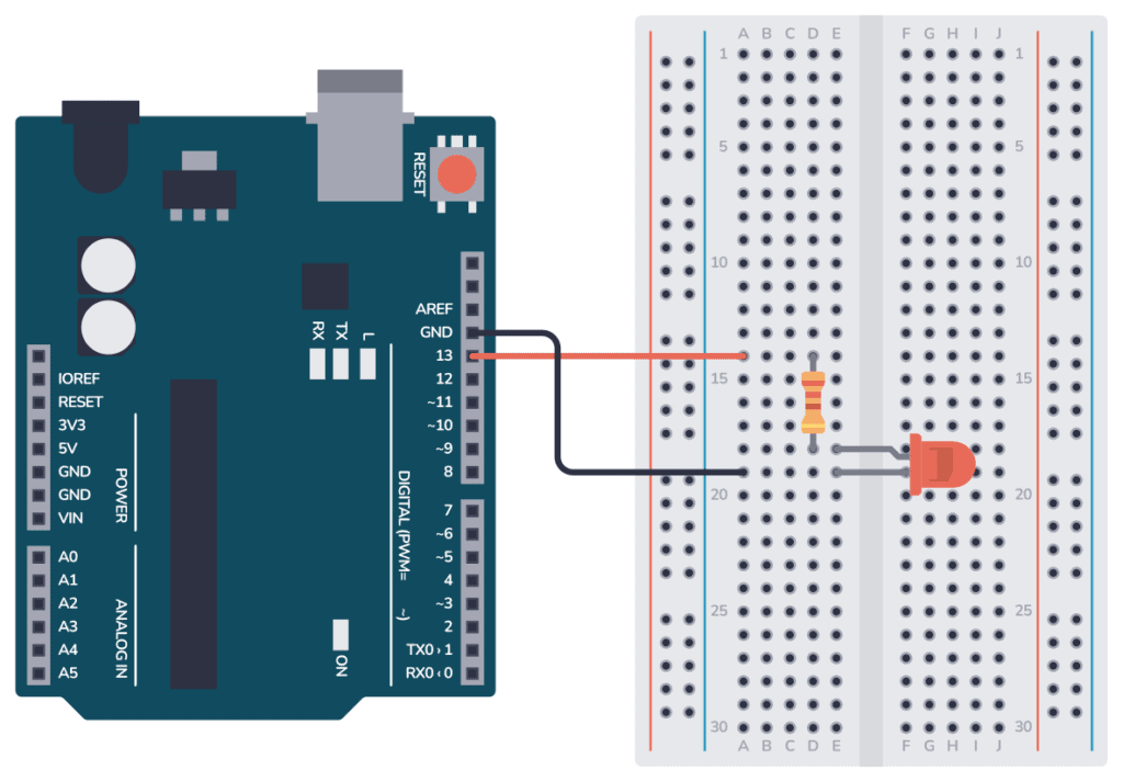 Arduino blink led connected on a breadboard