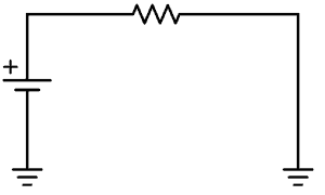 A circuit with battery and resistor connected indirectly to battery with ground symbols.