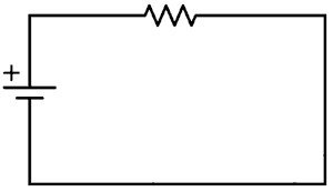 A circuit with battery and resistor connected directly to battery with lines.