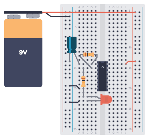 Breadboard with blinking LED circuit