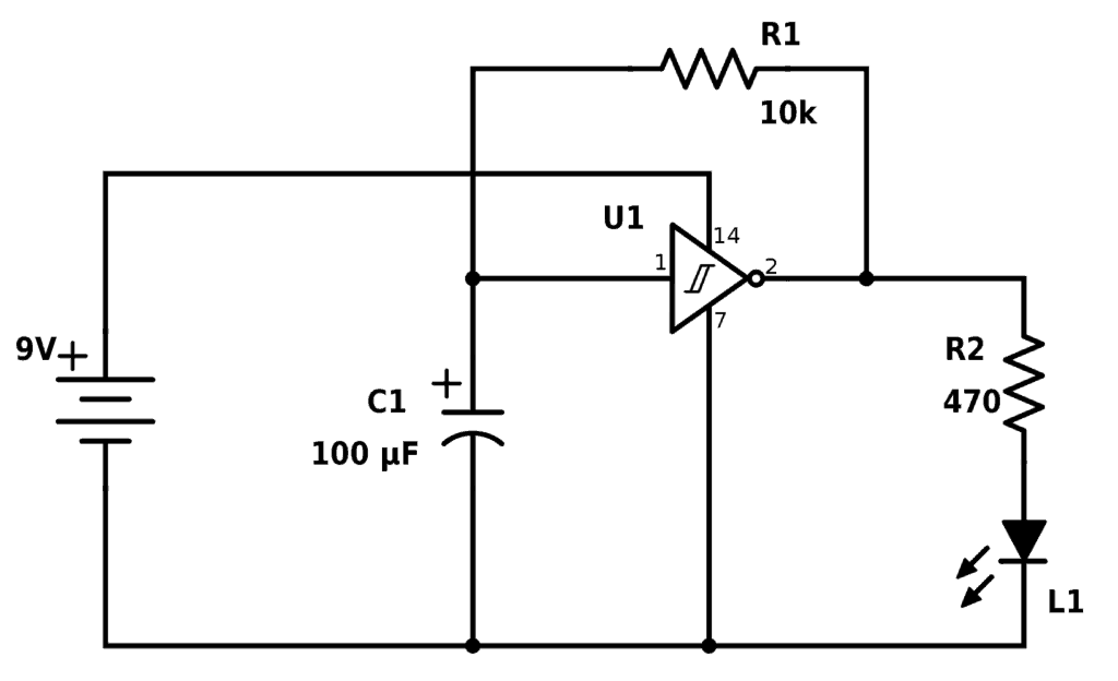 Blinking LED circuit using schmitt inverter