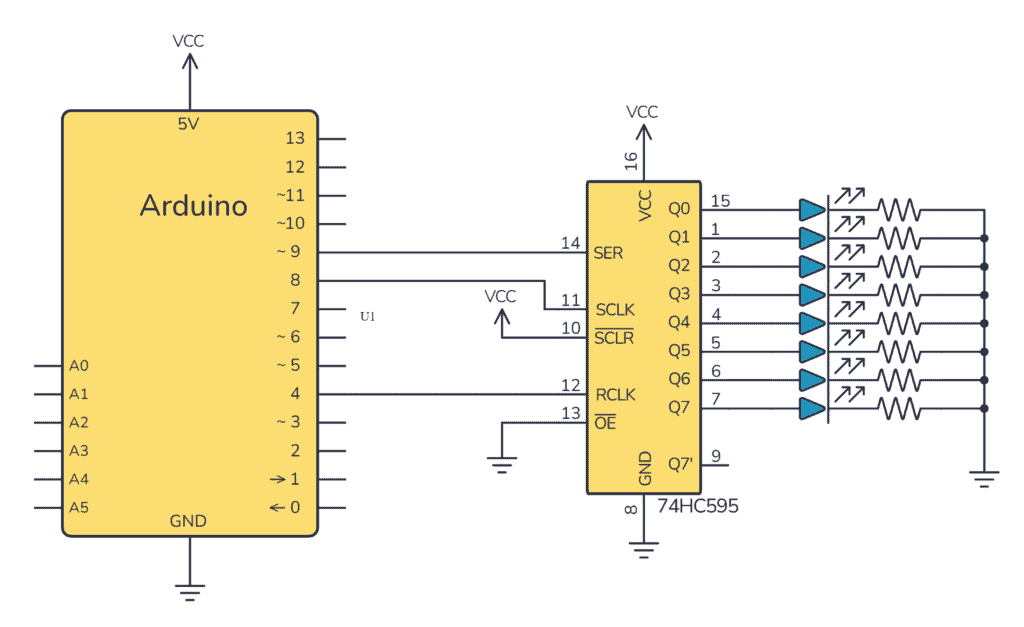 Arduino 74HC595 Example circuit