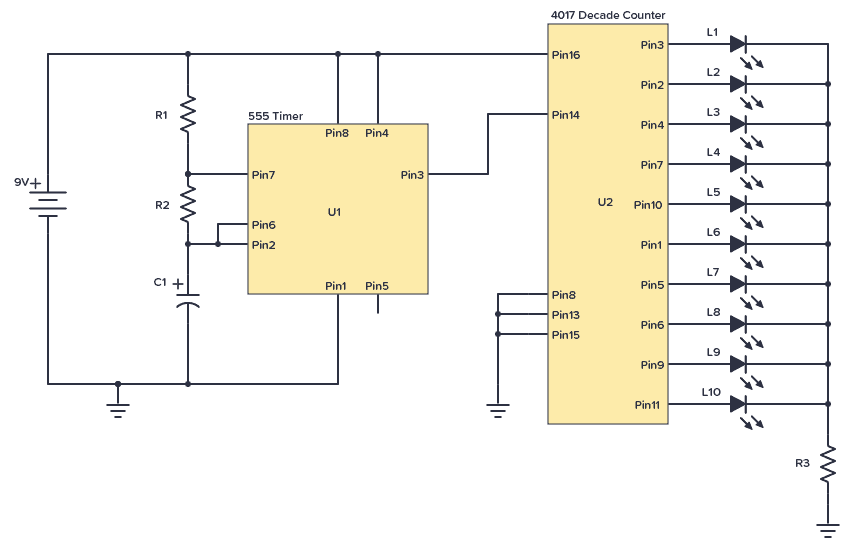 CD4017 with 555 Timer example circuit: LED chaser
