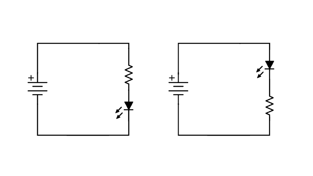 Two circuits with an LED and a resistor in opposite places.