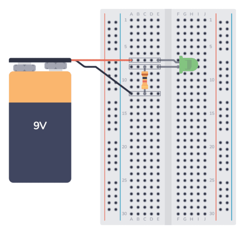 Complete circuit with LED and resistor connected on a breadboard