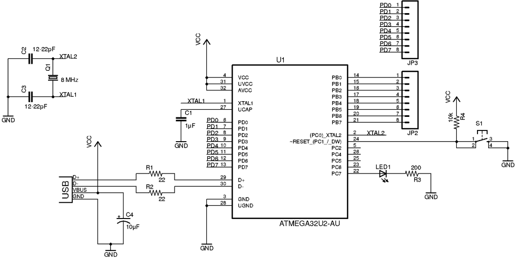 Microcontroller Tutorial ATmega32U2 circuit with values