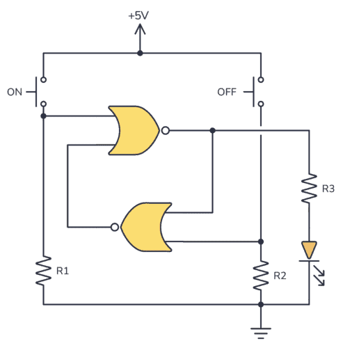 Circuit diagram of SR latch built with NOR gates