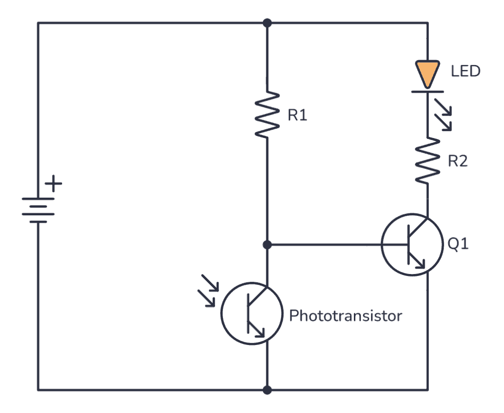 Phototransistor circuit to turn on an LED when it's dark