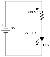 Some basic electronics components: LED in series with a battery and a resistor