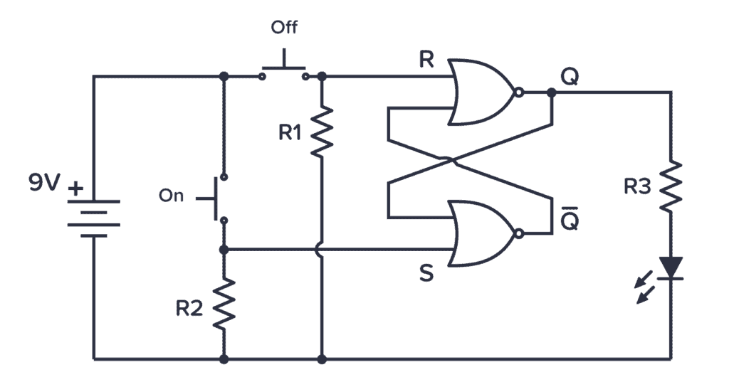 CD4001 Example Circuit showing an SR latch with separate ON/OFF buttons