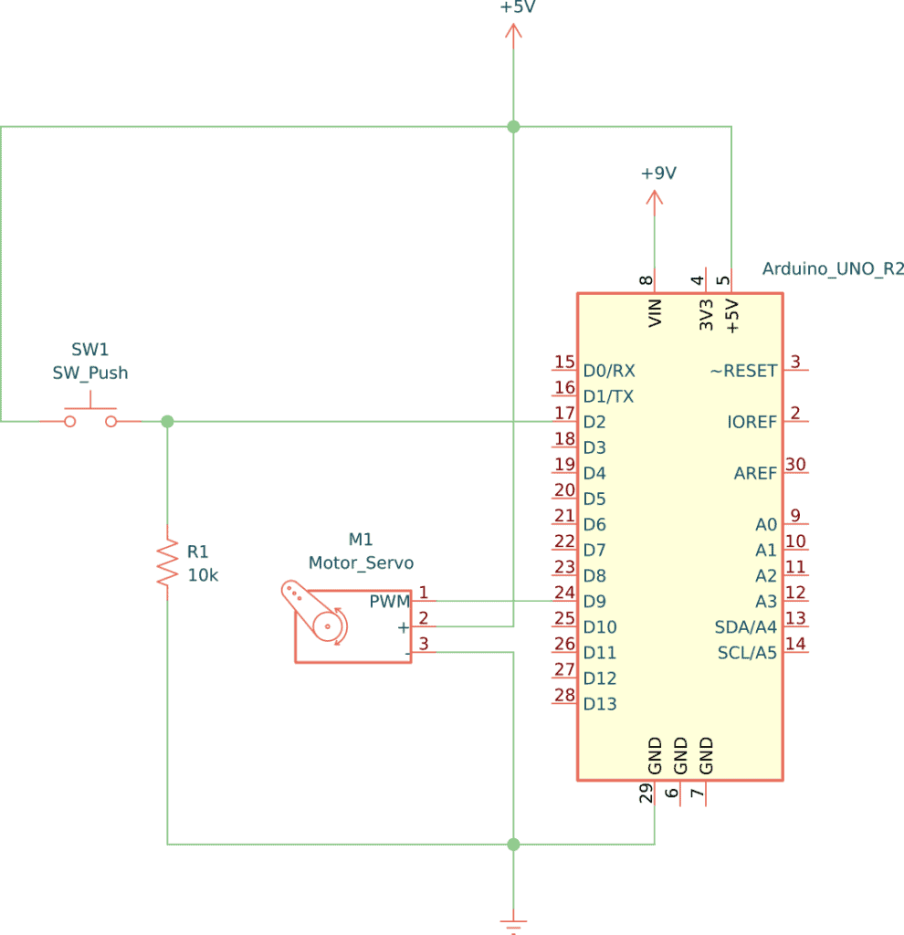 Schematic showing how to connect a button and a servo motor to arduino