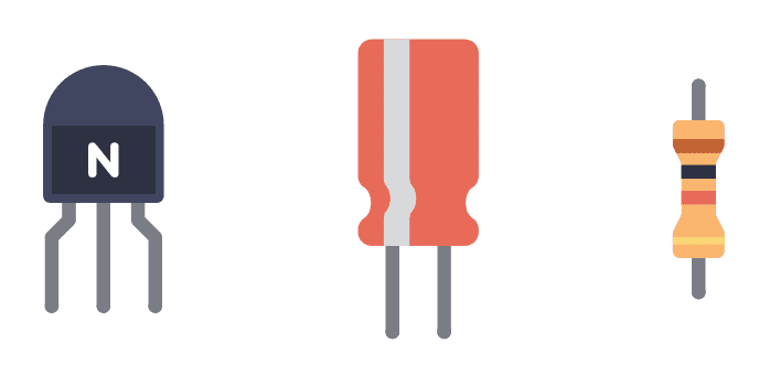 Illustration of basic electronics components: transistor, capacitor, and resistor